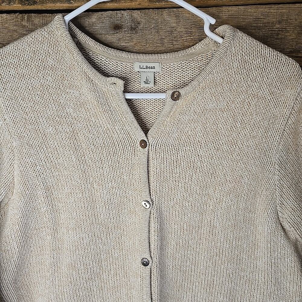 L.L. Bean Women’s Cotton Knit Cardigan Sweater Large Oatmeal Beige Button Front - Picture 2 of 9
